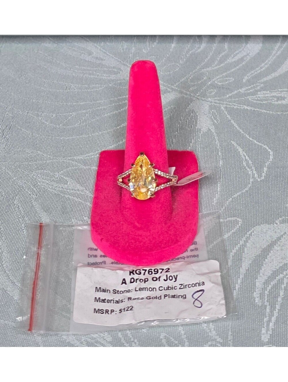 Rose Gold Plated Ring with Lemon Cubic Zirconia Pear-Shaped Stone Size 8